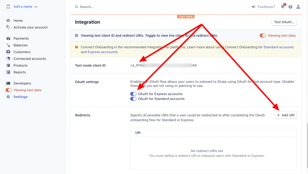 Stripe connect settings