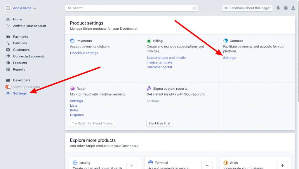 Stripe connect settings
