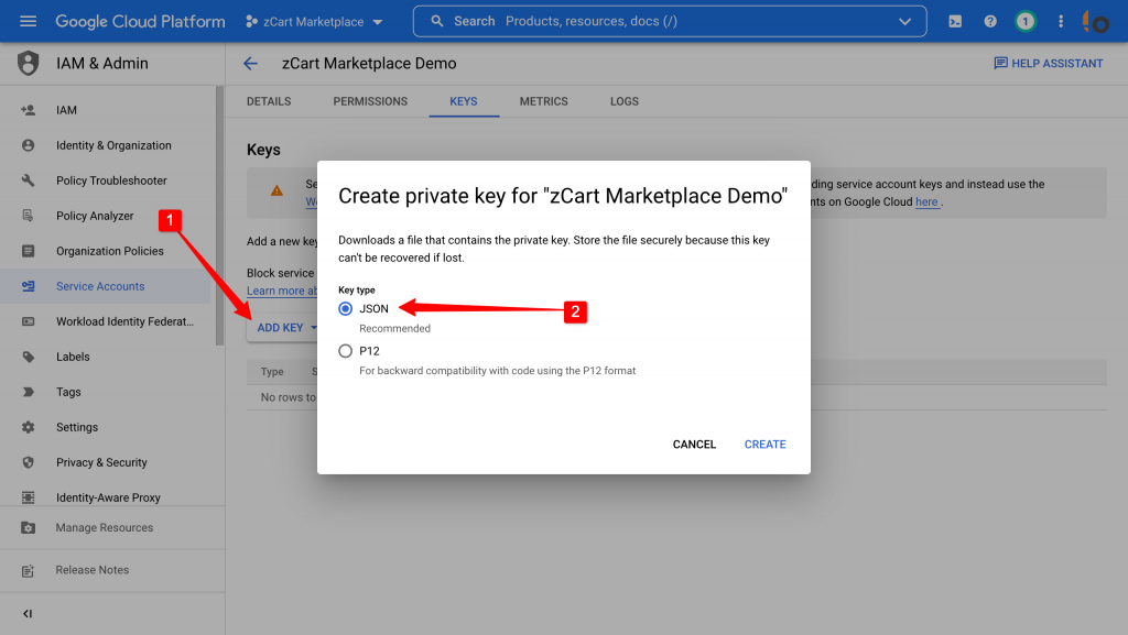 zCart marketplace google api services json key