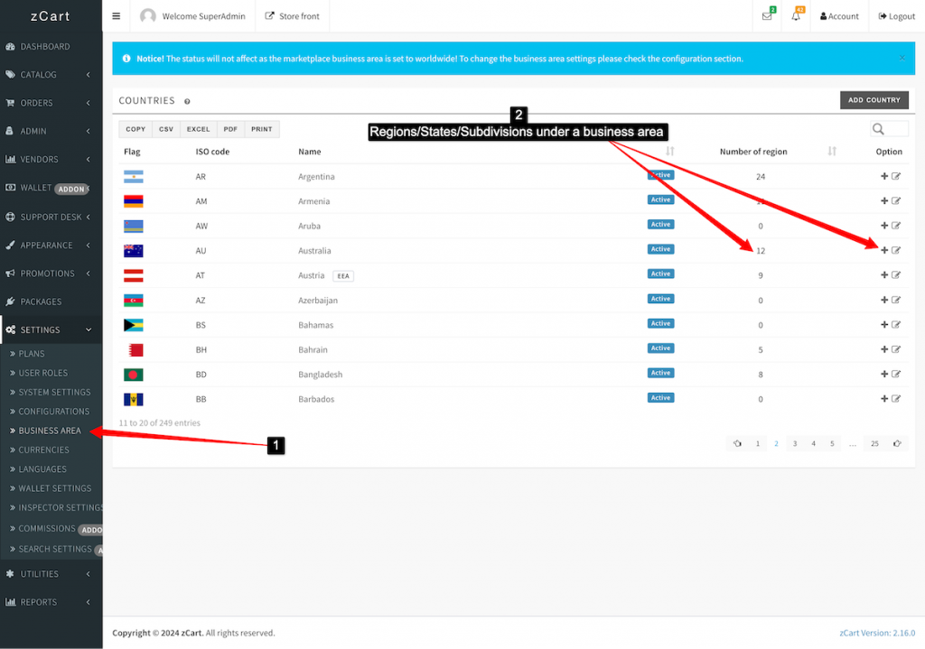 zCart regions/States/Subdivisions under a business area